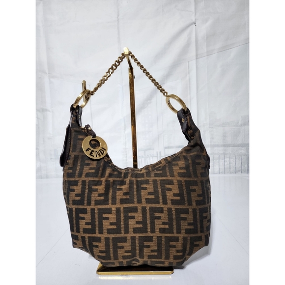 Fendi Handbags - Fendi Zucca Canvas and Leather Chef Chain Link Hobo Bag Brown